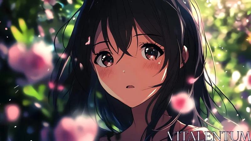 Softly lit anime girl surrounded by dreamy garden petals.