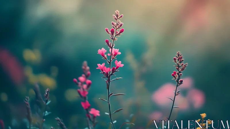 Pink flowering plants with selective depth in natural garden setting