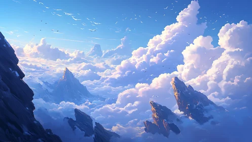 Sunlit alpine spires pierce stratocumulus cloud ocean