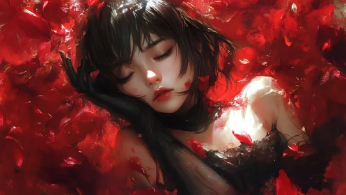 Dreaming woman drifts through crimson petals in silence.