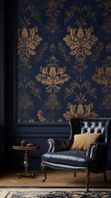 Midnight blue salon reigns with gilded damask whispers.