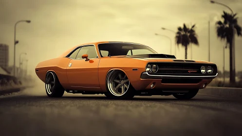 Sunset-streaked muscle car prowls a palm-lined boulevard.