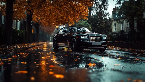Midnight coupe glides through a rain glazed autumn avenue