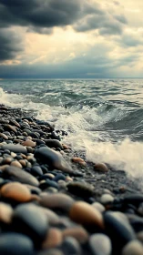 Stormy waves wash smooth pebbles along moody coastline
