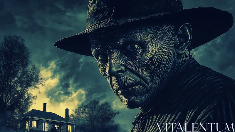 Wrinkled scarecrow figure glares beside stormlit farmhouse.