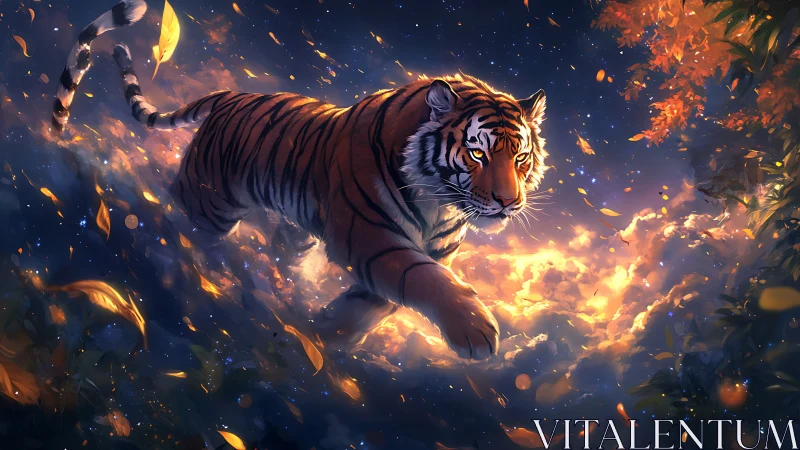 Majestic tiger strides through glowing celestial clouds