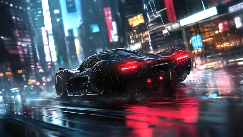Futuristic supercar drifts through neon city rainstorm night.