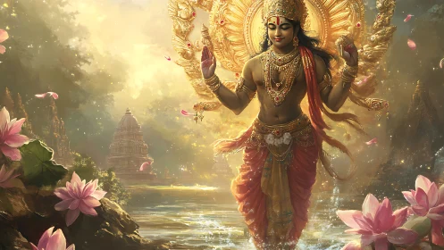 Radiant Hindu deity walks on lotus river in golden dawn