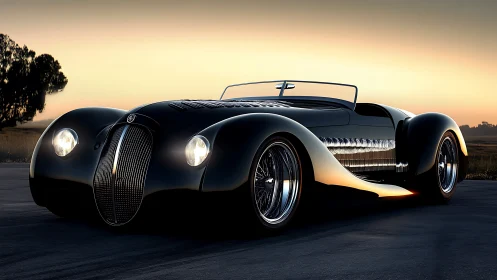 Streamlined black roadster under cinematic sunset lighting.