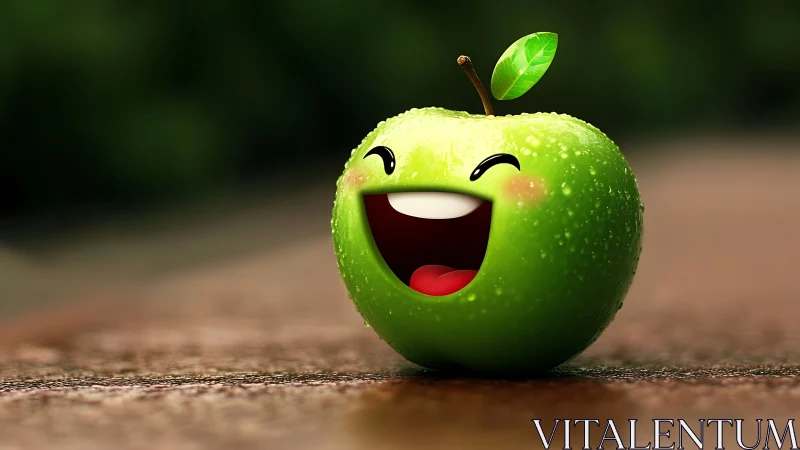 Cheerful dewy green apple character on wet tabletop.