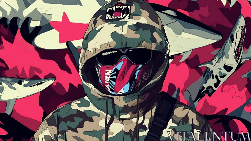 Camouflaged hooded figure with shark motif background scene.