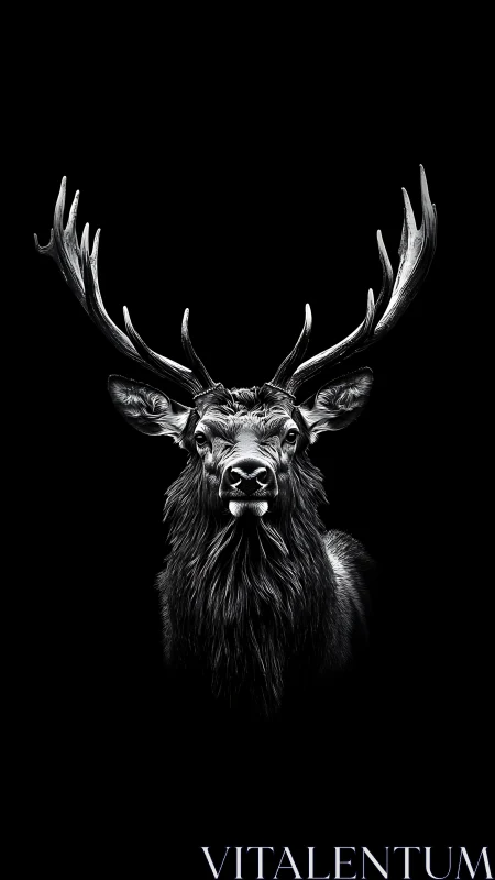 Monochrome stag portrait isolates antlers in high-contrast light