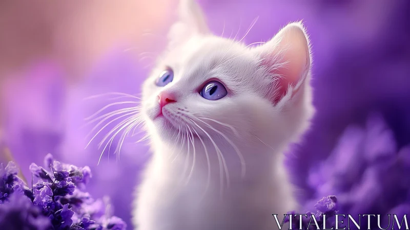White Cat with Violet Eyes Against Purple Floral Backdrop