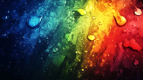 Colorful water droplets on textured rainbow surface.