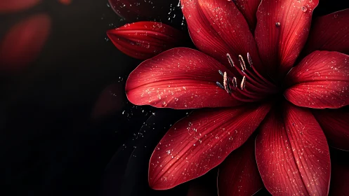 Deep red flower petals with water droplets on dark background