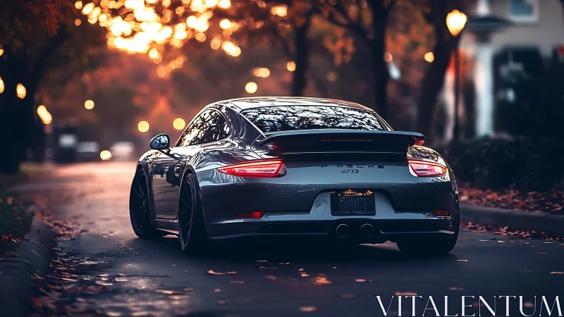 Sport coupe idles on leaf-strewn street at autumn dusk