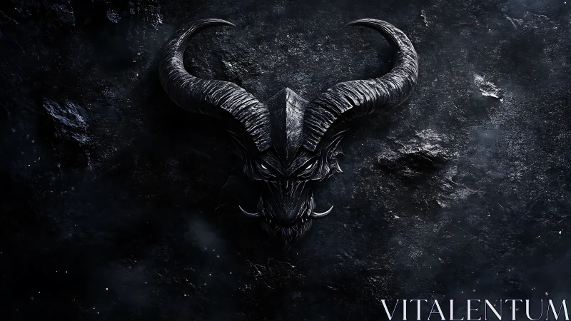 Demonic horned skull emblem sculpted in obsidian relief.