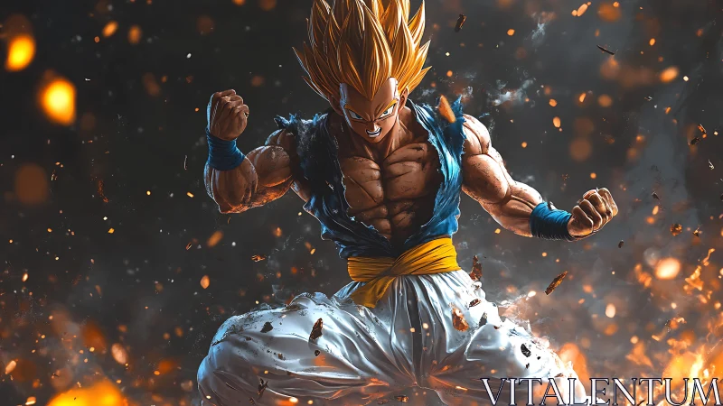 Supercharged anime warrior amid explosive ember storm.