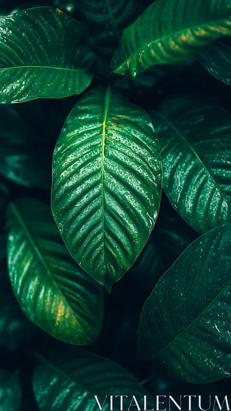 Lush tropical leaves glisten softly under moody teal light