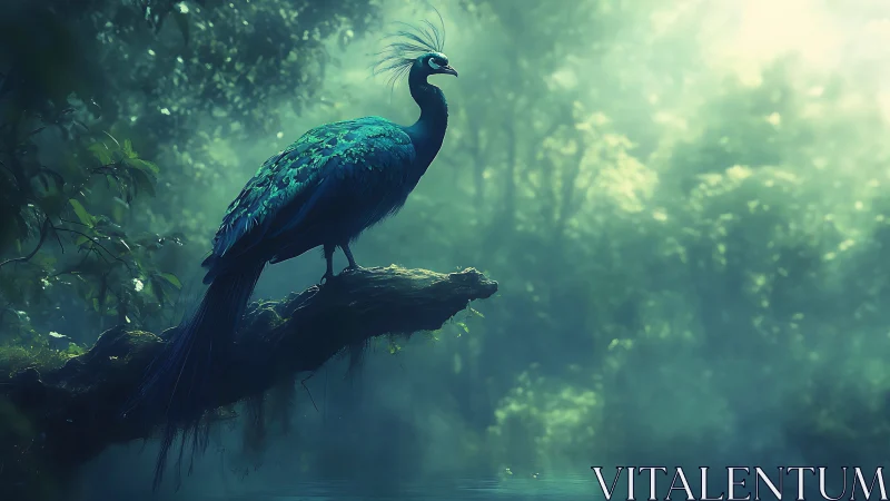 Mystic teal peacock pausing above a mist-drowned forest pool.
