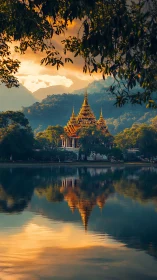 Golden lakeside temple glows softly beneath misty mountains