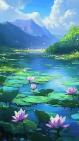 Mountain lake with blooming water lilies under bright skies.