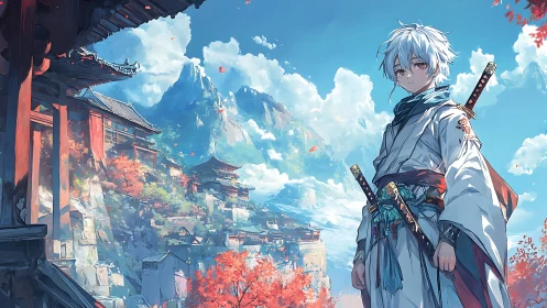 White-haired swordsman stands before tiered mountain temples