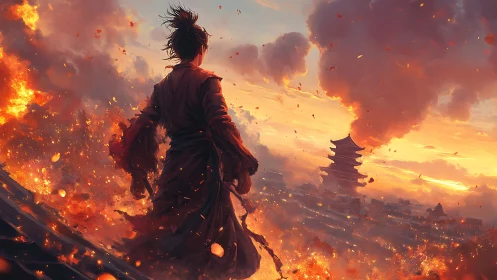 Lone warrior walks through sunset embers toward distant temple.