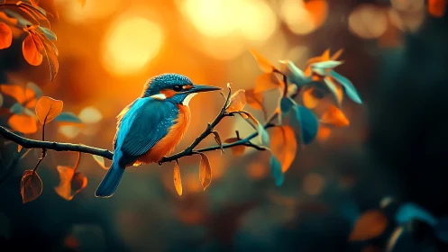 Vibrant Kingfisher on Branch with Warm Sunset Bokeh Background.