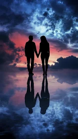 Silhouetted Couple Reflected in Mirrored Sunset Sky.