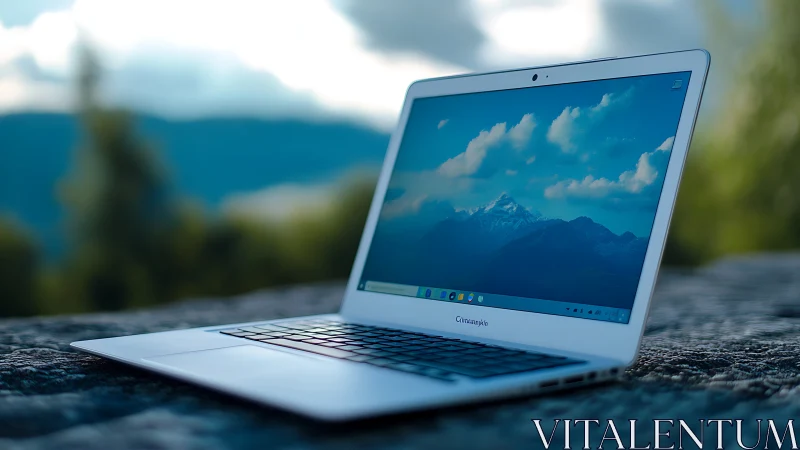 Crisp silver laptop welcomes relaxed work in mountain air