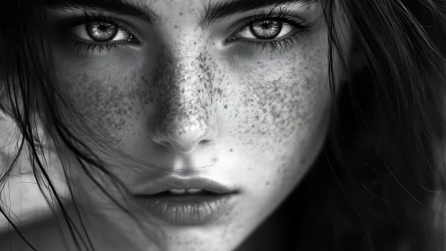 Monochrome close-up portrait of freckled female face.