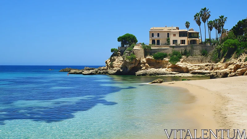 Mediterranean Villa on Rocky Coastline with Azure Waters.