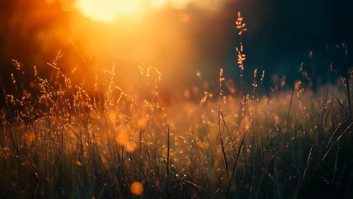 Backlit grass stems glow in low sunrise light across field
