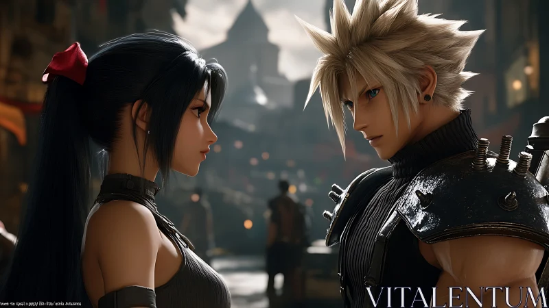 Two characters in confrontation within architectural setting