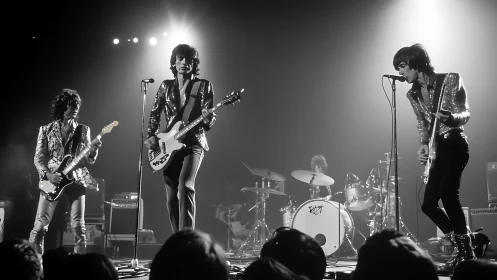 Monochrome rock band performing under high contrast stage lighting
