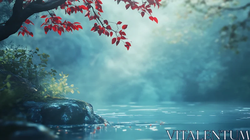 Crimson river leaves compose a quiet song over blue mist
