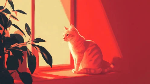Sunlit tabby cat on windowsill in bold warm palette.