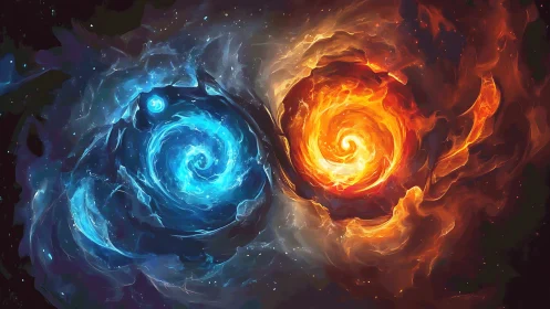 Cosmic blue and orange vortexes collide in fiery balance.