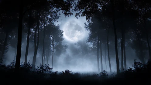 Full moon illuminates dense foggy forest at night
