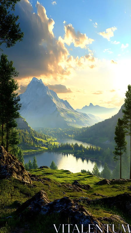 Golden mountain valley with peaceful sunlit lake at dusk.