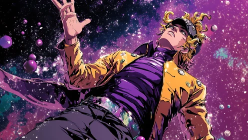 Starlit drifter leans into a violet cosmic freefall