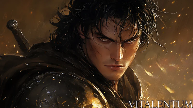 Dark-haired warrior in embers rendered as high-detail digital painting
