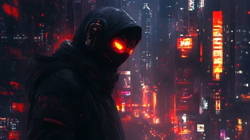 Hooded cybernetic figure surveys neon city at night