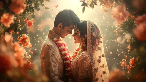South Asian Wedding Couple in Ornate Traditional Dress.