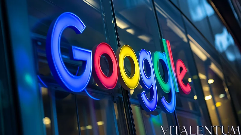 Colorful Google office sign glowing with playful city energy.