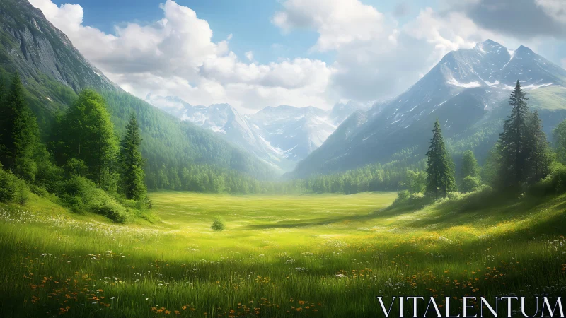 Sunlit alpine meadow framed by tall snowy mountain peaks.