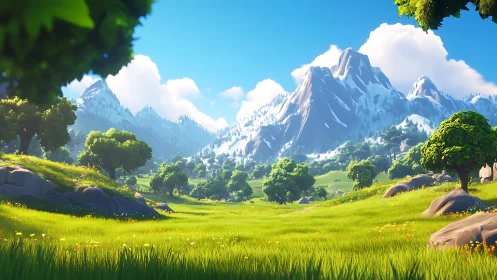 Digital landscape render shows grassy valley and snowy peaks