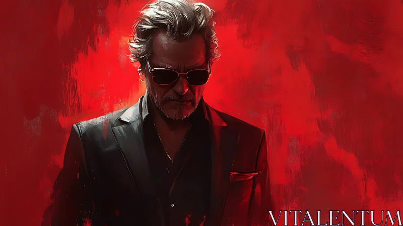 Brooding man in sunglasses stands against bold red light