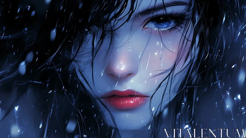 Hyper-detailed wet portrait shows specular-lit blue-eyed face